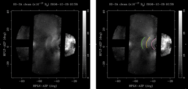 Figure 3: Total brightness image measured by stereo on 2008-12-28. The righthand image
									is a copy of the lefthand image with the features of interest marked by the colored arcs.