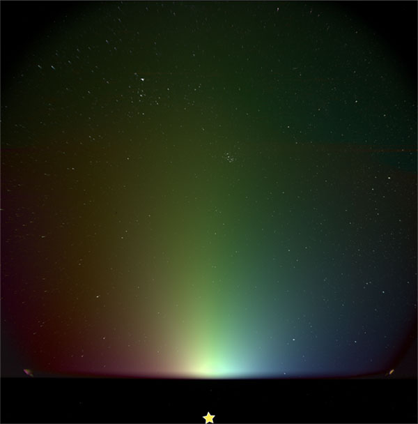 WFI-2 reveals a polarimetric
rainbow in the beautiful, ghostly zodiacal light surrounding the Sun, against a backdrop of familiar
constellations. This preliminary data product demonstrates polarimetry using the raw images collected
by the spacecraft.