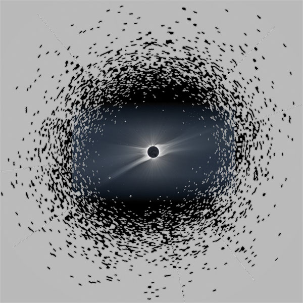 Visualization of the Sun's Alfvén surface, 
			with regions below the surface shown using a total eclipse image from astronomer Miloslav Druckmüller, and regions above 
			the surface shown in gray. The frothy/fractal shapes come from computer simulations made by PUNCH Co-I Rohit Chhiber, and 
			they show how a given line extending away from the Sun can cross through the Alfvén surface multiple times.