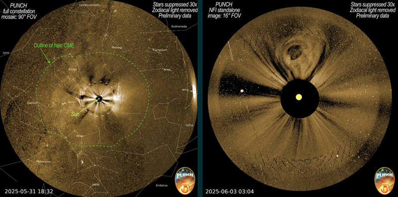 PUNCH data showing (l) a halo CME and (r) a CME observed
			by NFI.