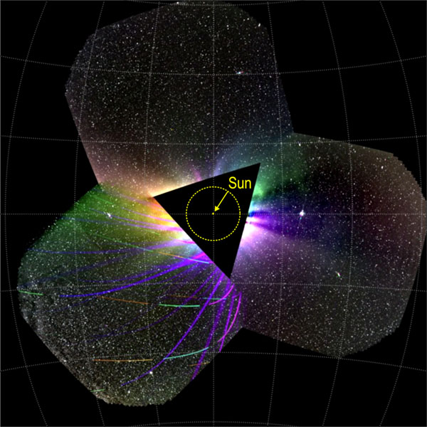 A debris impact on WFI-2, together with the polarized solar corona, makes for a colorful fireworks display, 
			in this PUNCH polarized image from 13 October. The Sun, to scale, and the SOHO/LASCO C-3 field of view are marked 
			on this image, which covers 90° of sky.
