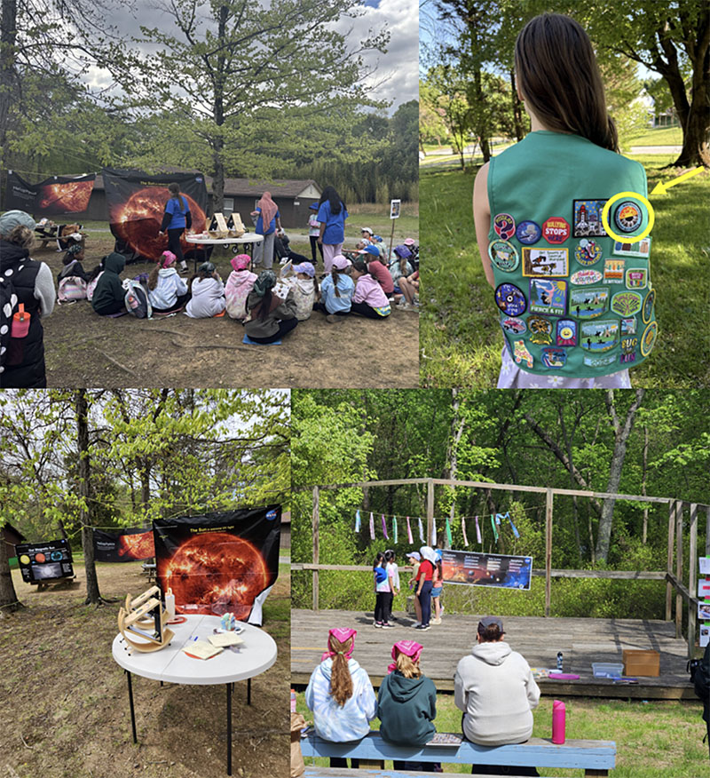 In activities throughout a weekend campout, 165 Girl Scouts earned their Space Science badge and the PUNCH 
				Ancient and Modern Sun Watching patch (circled in yellow).