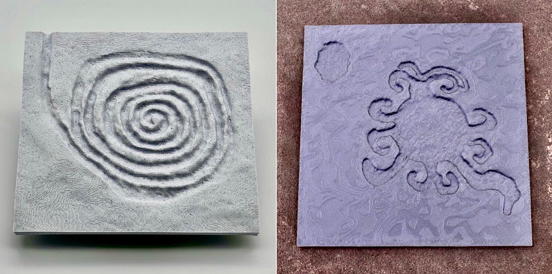 3D printed tactile models of a spiral petroglyph and an unusual curlicue petroglyph in Chaco Canyon, New Mexico.