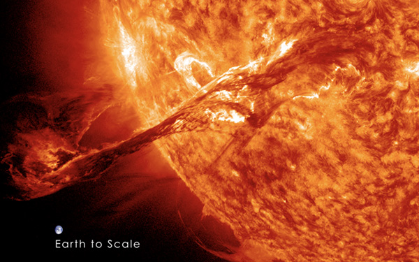 On August 31, 2012 a long filament of solar material that had been 
              hovering in the sun's atmosphere, the corona, erupted out into space. The coronal mass ejection, or CME, 
              traveled at over 900 miles per second. Image credit: NASA