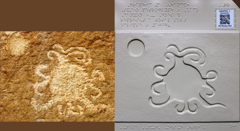 Two solar representations are shown side-by-side. The left side shows a 1097 Sandstone rock carving in Chaco 
	Canyon by ancestral Puebloans, and on the right side is a thermoform representation of that carving.