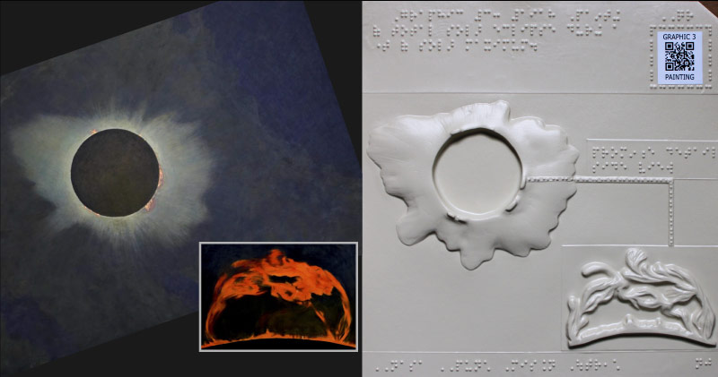 Two solar representations are shown side-by-side. The left side shows a painting of the 1918 total solar eclipse, and on the 
	right side is a thermoform representation of that painting.